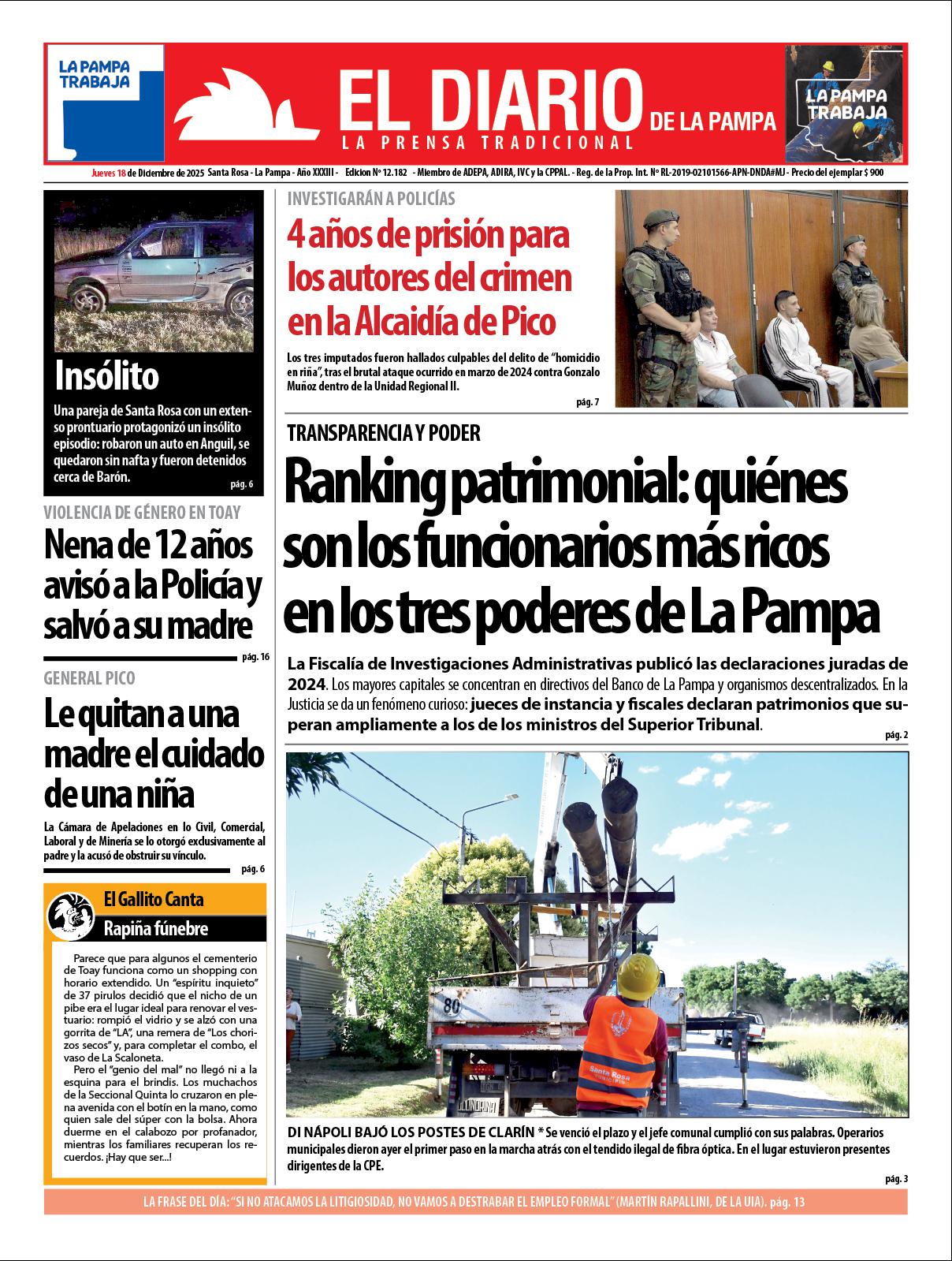 Tapa de El Diario en papel  jueves 18 de diciembre de 2025